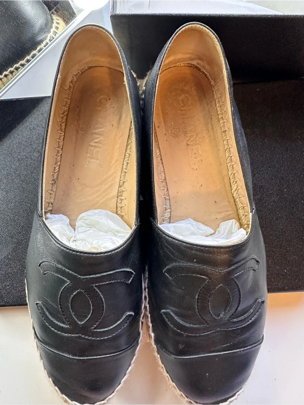 CHANEL Black Leather Espadrille Flats with Interlocked CC